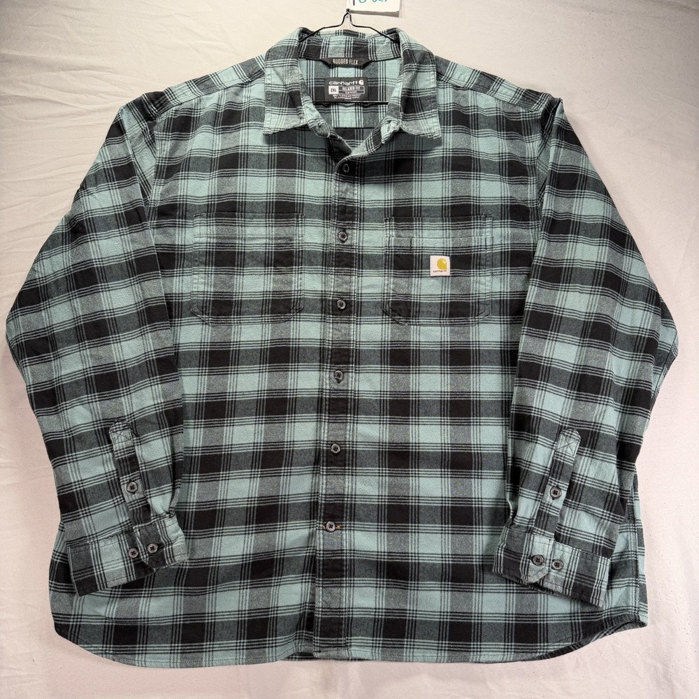 Carhartt Flannel Shirt Mens 2XL Blue Plaid Button Up Rugged Flex Outdoors Work
